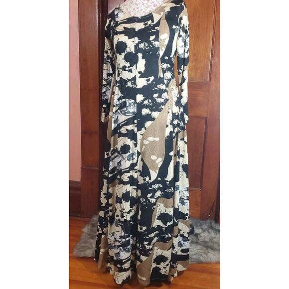 Handmade S Long Sleeve Round Neck Abstract Print Maxi Dress Brown Black Cream - Picture 2 of 9